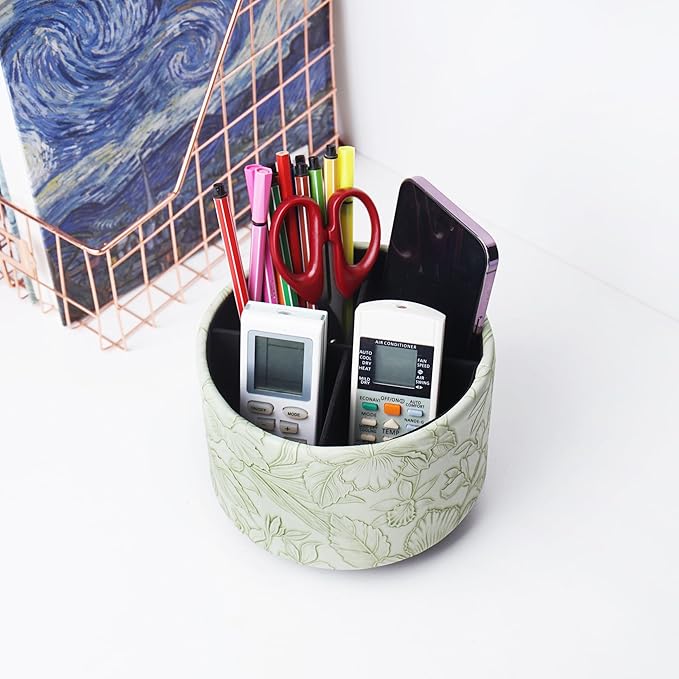 Round Leather Art Supply Organizer,Remote Control Holder,360 Degree Spinning,Multi-Functional Pencil Holder,4 Compartments Desktop Stationary Organizer(1-Carved Green)