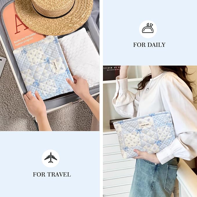 STARDW Cute Cotton Quilted Makeup Bag, Travel Cosmetic Pouch for Women | Soft Cosmetic Bag for Skincare, Brushes & Toiletries, Floral Travel Toiletry Bag, Purse Organizer Pouches, Canvas Lining