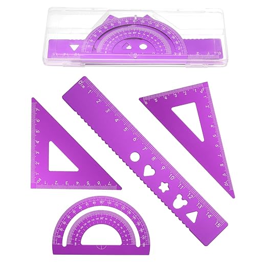 PATIKIL 4 Pcs Geometry Drafting Tool, Aluminum Alloy Geometry Kit Math Tool Includes 15cm L Ruler Protractor Triangles for Drafting Angle Measure Simple Science Experiment, Purple