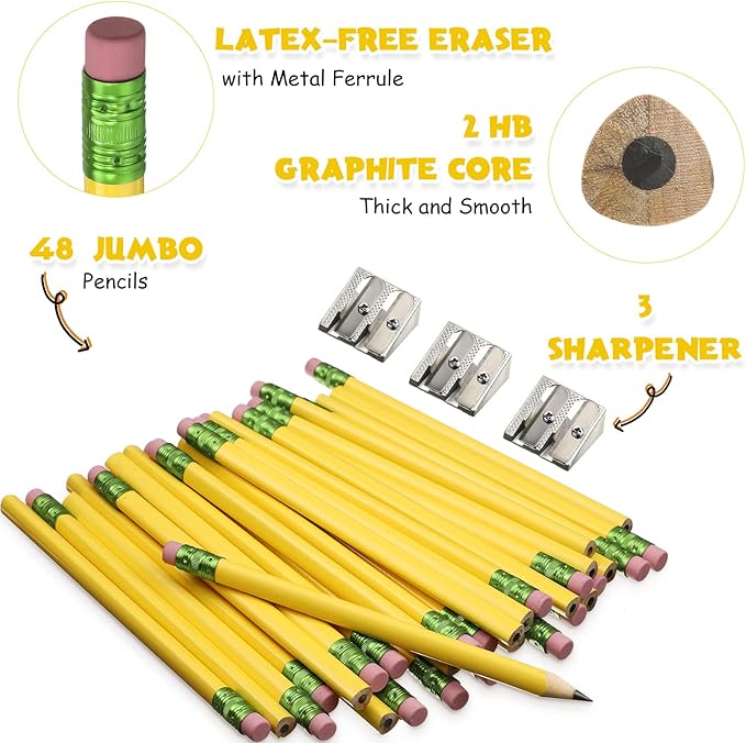 Fainne 48 Pcs Fat Pencils Jumbo Big Thick Large Pencils and 3 Pieces Sharpeners for Kids Beginners Preschoolers Kindergarten School Office Supplies(Yellow+Green,Triangle)