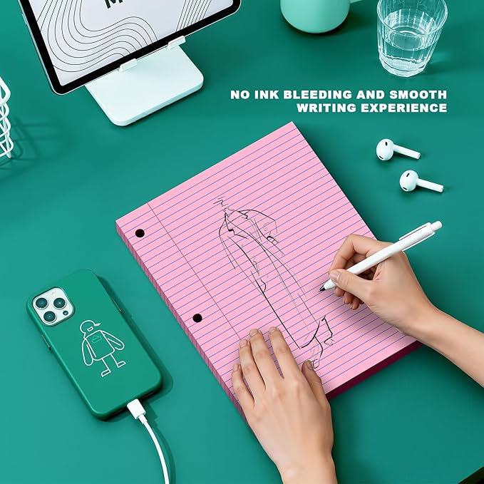 Pink Note Pads 8 X 10.5 Loose Leaf Paper, 120Sheets, 3 Hole Punched Lined Paper, College Ruled 8 X 10.5 Notebooks, 10-1/2" X 8 Binder Writing Pads, Filler Paper for Office, School Supplies