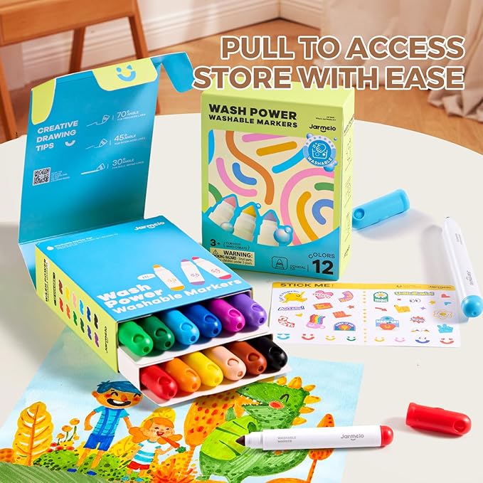 Jar Melo Washable Markers for Kids Toddlers 2-4, Safe Non-Toxic Water Based Markers for Age 1-3 4-8, Coloring Art Supplies for Preschool Gift, 12 Colors