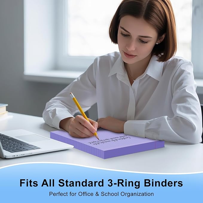 Purple Loose Leaf Paper 100 Sheets 8" x 10.5" Filler Paper, College Ruled 3-Hole Punched, Notebook Paper for 3-Ring Binders Notepad Writing Note Pads To-Do Lists for Office & School Supplies
