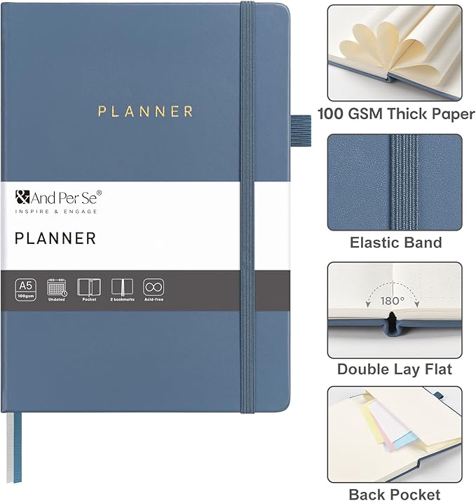 And Per Se Undated Planner, Weekly & Monthly Planner with Goal & Habit Tracker, A5 Leather Hardcover Productivity Journal for Academic Year (Dark Blue)
