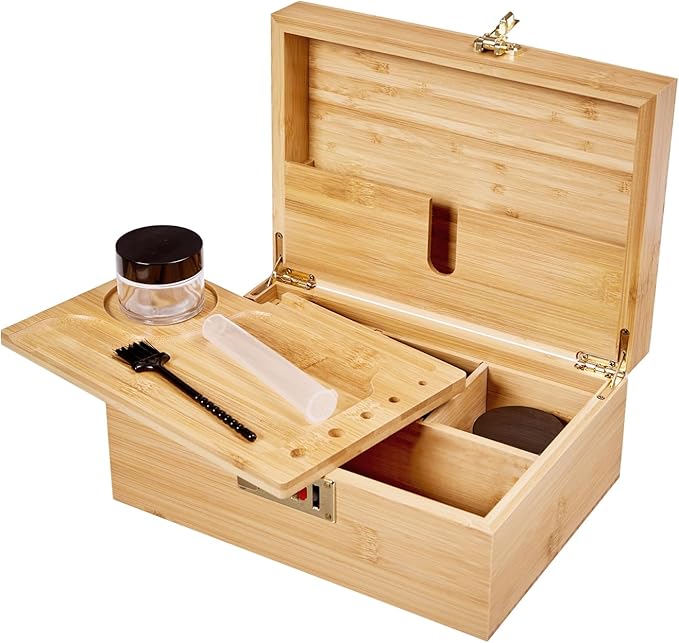 Bamboo Wood Desktop Organizer with 3 Glass Jars and Sliding Tray - Red Multi-Compartment Storage Case for Craft Supplies, Stationery, and Small Accessories (Natural wood colour)