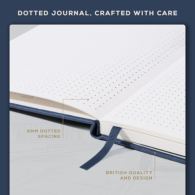 BEECHMORE BOOKS A5 Dotted Journal – 160gsm Thick Paper No-Bleed Bullet Notebook – Hardcover Dot Grid Logbook with Presentation Gift Box – Vegan Leather Sketchbook for Artists & Professionals