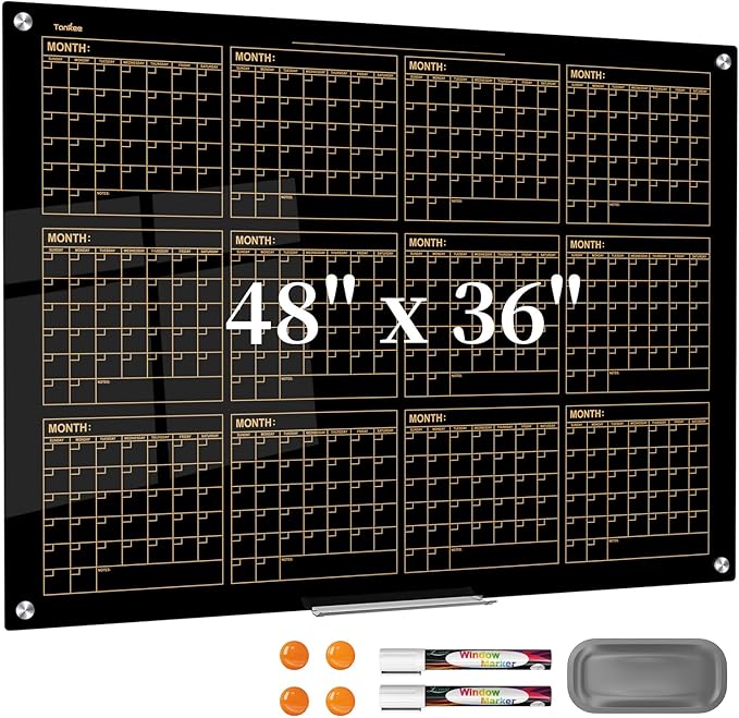 Magnetic Glass Whiteboard, 48x36 Inches Black Glass Calendar Dry Erase Board for Wall, Large Yearly Calendar White Board for Office School Home Classroom Kitchen