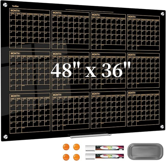 Magnetic Glass Whiteboard, 48x36 Inches Black Glass Calendar Dry Erase Board for Wall, Large Yearly Calendar White Board for Office School Home Classroom Kitchen