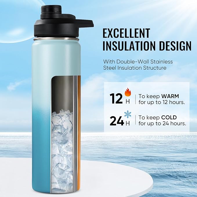 Fijinhom 24 oz Insulated Water Bottle with Handle, 304 Stainless Steel Water Bottles with Wide Mouth, Double Wall Vacuum Sports Water Bottle, BPA Free, Keep Cold and Hot, Coastal Fade