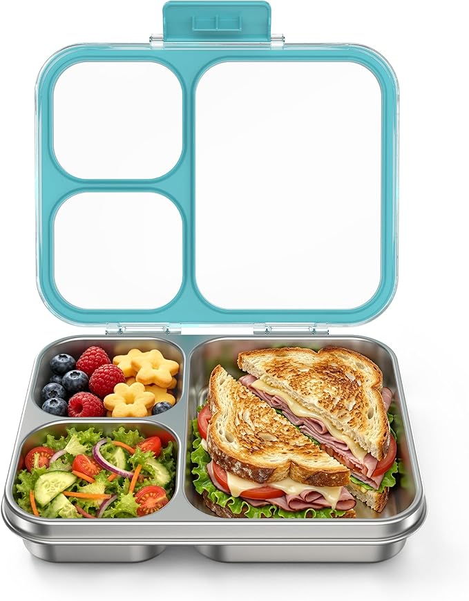 HOMEKOL Stainless Steel Bento Lunch Box, 3-Compartment Leak-Proof Metal Lunch Container for Kids & Adults, BPA-Free, Dishwasher Safe, Clear Tritan Lid, 4.2Cups/1000ml Blue (Not Insulated)
