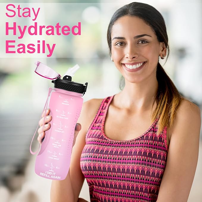 24 OZ Motivational Kids Water Bottle With Time Marker,Straw Lid,Leak Proof, Tritan BPA Free Sports Water Bottle Pink(1 Lid)