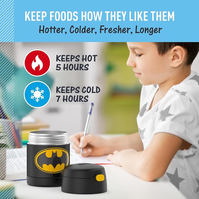 THERMOS FUNTAINER Insulated Food Jar, 10 Ounce, Kid Friendly Food Jar with Foldable Spoon, Batman (Pack of 6)