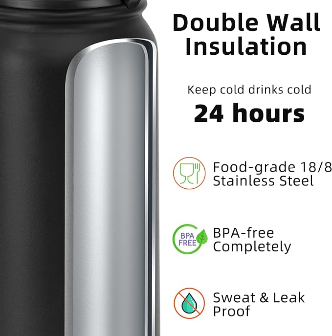 Fanhaw 20 oz Insulated Stainless Steel Water Bottle with Anti-Dust Chug Lid, Leakproof Vacuum Metal Everyday Use Bottle for Kids, Teens & Adults, Back to School Essentials (Black)