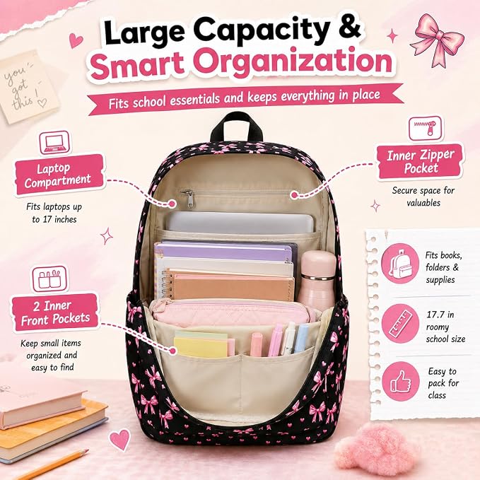 LOIDOU Backpack for Girls School Backpacks Bookbags for Elementary Middle School Women Laptop Backpacks (Bow Tie Black, L-17)