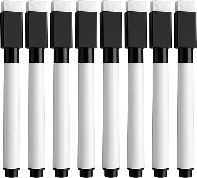 Fine tip Dry Erase Black Markers with Magnetic Cap and Eraser, Perfect for Dry Erase Boards and Whiteboards Pack of 8