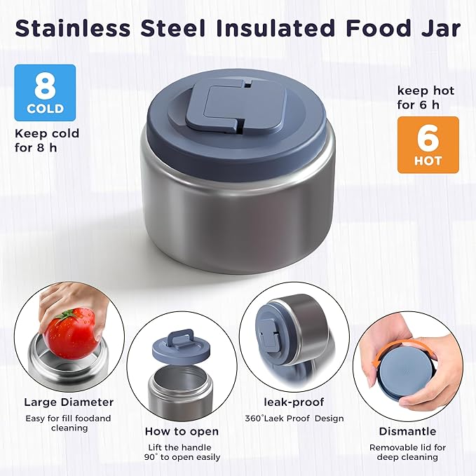 Stainless Steel Bento Lunch Box for Kids Adults with 8oz Insulated Food Jar, Leak-proof, Dishwasher-Safe, Transparent Lid with Sauce Cup and Cutlery Storage for School & Travel,BPA-Free(Blue)