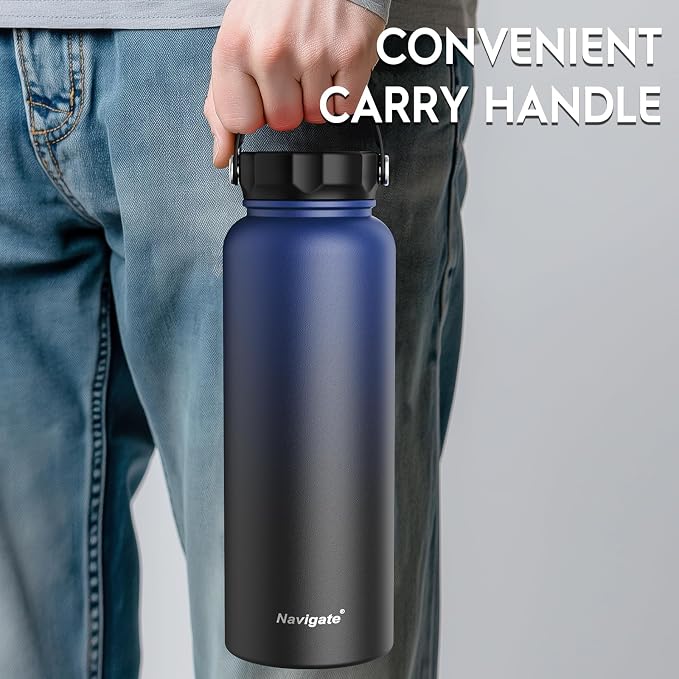 Navigate 40oz Insulated Water Bottle for Sports, Keep Cold 24H | 2-in-1 Spout and Handle Lids, Double Leak-Proof, 18/8 Stainless Steel, BPA-Free, Wide Mouth for Hiking,Blue to Black