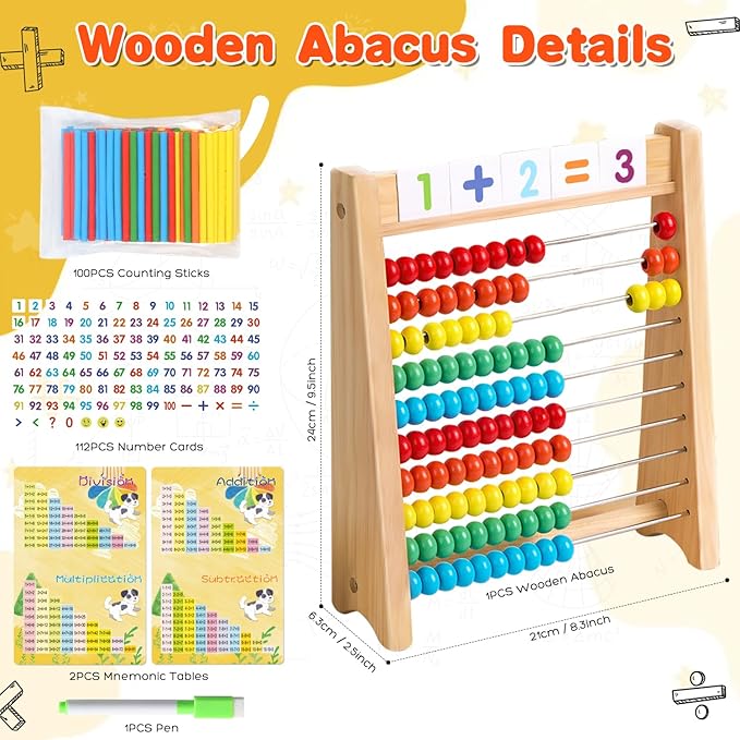 Wooden Abacus for Kids Math Games for Kids 5-7 Abacus Counters Homeschool Counting Toys for 3-5 6-8 Boys Girls Gifts Math Manipulatives Educational Learning Toys for 4 Year Old with Number Cards 1-100