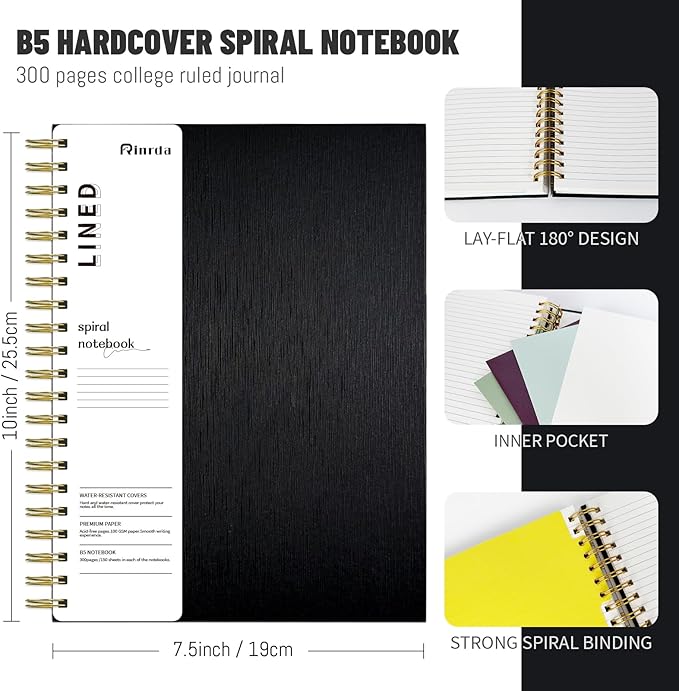 Hardcover Spiral Notebook with removable dividers 300 page,5 Subject Notebook 8"x10" B5 College Ruled Notebooks for Work Note taking，Lined Journal for Women (Black)