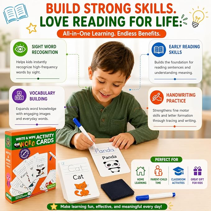 Write & Wipe Activity Cards for Kids, Reusable Tracing Flash Cards, Preschool Handwriting Practice Set, Letter Number Math Learning Activities Ages 3-6 (Sight Words)
