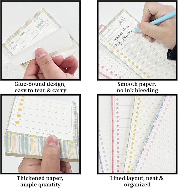 4 Pack Long Narrow Notepads - Memo Pads for Notes | 50 Sheets Each, No-Adhesive Sticky Notes Alternative for Daily Planning & Lists (Bear & Bunny, Lined)