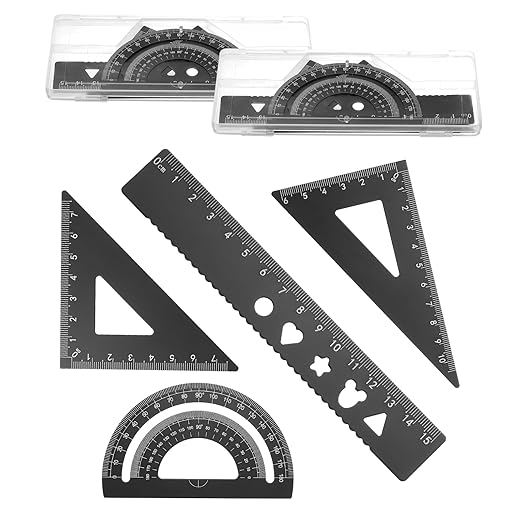 PATIKIL 8 Pcs Geometry Drafting Tool, Aluminum Alloy Geometry Kit Math Tool Includes 15cm L Ruler Protractor Triangles for Drafting Angle Measure Simple Science Experiment, Black