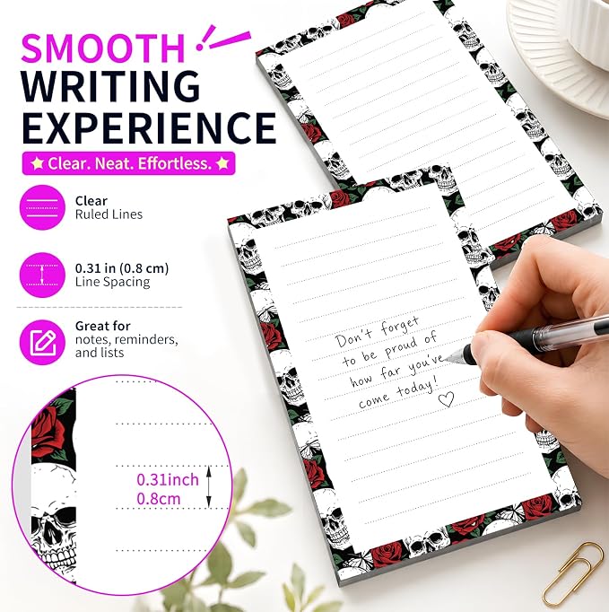 Lined Sticky Notes 4x6 in, 2 Pack Large Cute Notepads with Lines Self-Stick Note Pad, Funny Memo Pads Strong Adhesive for Office, Home Cool Skulls