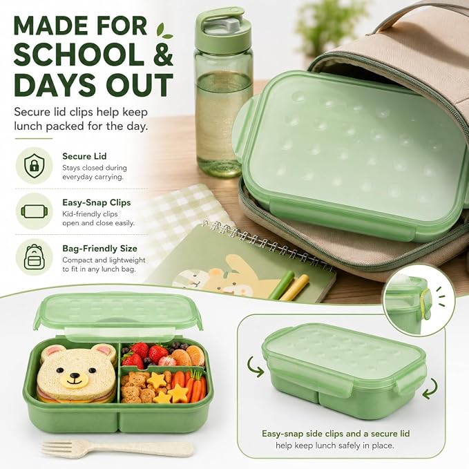 MISS BIG® Bento Lunch Box for Kids, 1150ml, 3 Compartments, Matcha Green | Matcha green kids bento lunch box for school meals, daycare snacks, light lunch, picnic, and travel.