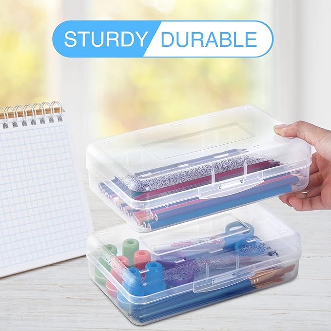 Sooez 3 Pack Pencil Case, Large Hard Pencil Box Bulk, Clear Crayon Box Marker Pen Organizer, Plastic Storage Container with Snap Lid, Stackable Art Craft Organizer Back to School Supplies, Clear