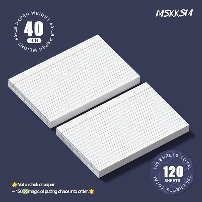 Index Cards 5x8 Inch - 120 Count, Ruled Index Flash Cards for Studying, White Lined Index Note Cards 5x8 Flashcards, Notecards 5 x 8 Lined Index Cards Ruled White 5 x 8 Cards for Office, School, Home