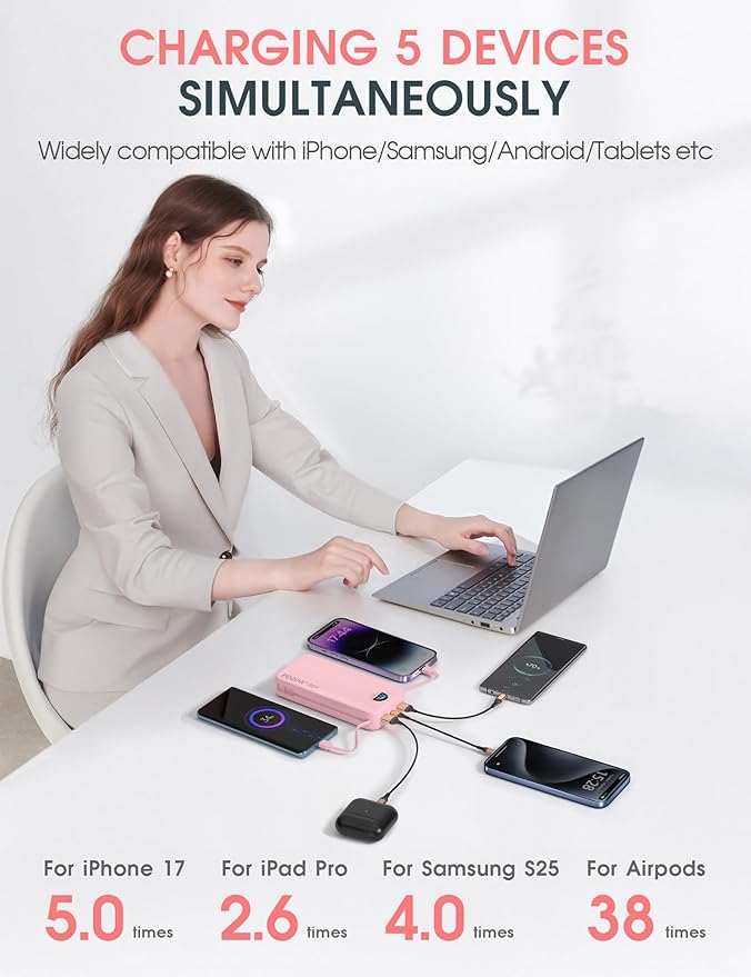 citicr Portable Charger, 20000mAh PD20W Fast Charging Power Bank with Built-in Cables & Wall Plug, External Battery with LED Display, Travel Battery Bank for iPhone, iPad, Samsung Fairy Pink