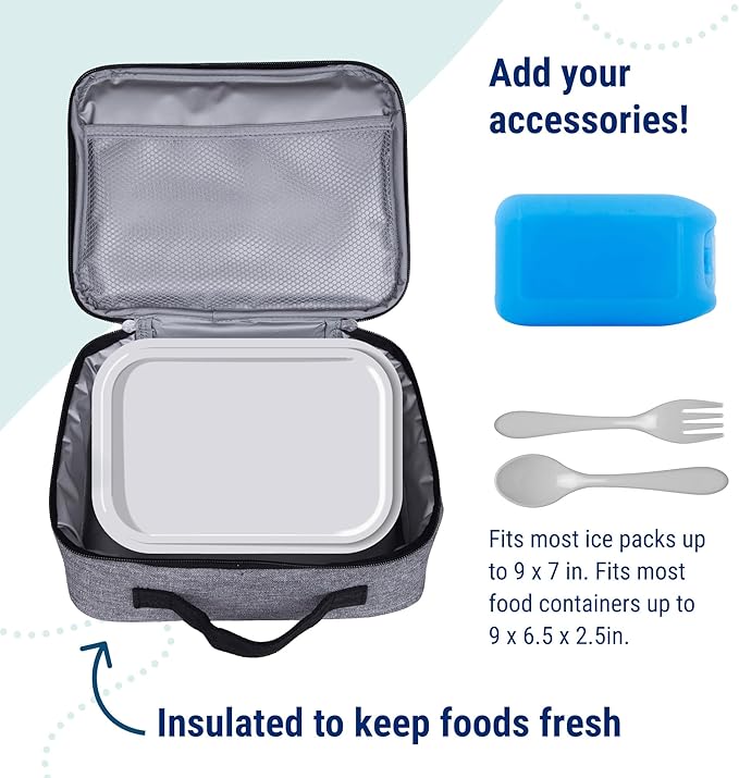 Wildkin Kids Insulated Lunch Box, Keeps Food Hot or Cold, BPA-Free with Mesh Pockets & Easy-Clean Lining – Ideal for School, Travel & Daycare – Grey Tweed