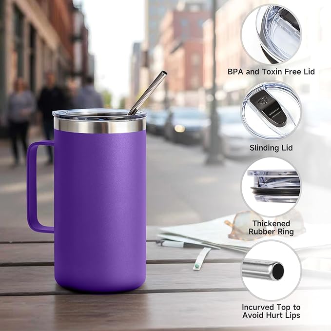 Volhoply 22oz Insulated Stainless Steel Coffee Mugs with Leakproof Lid Bulk 2 Pack,Double Wall Vacuum Travel Coffee Cup with Handle,Reusable Metal Tumbler,Camping Mug Keep Hot&Cold(Mix,2)