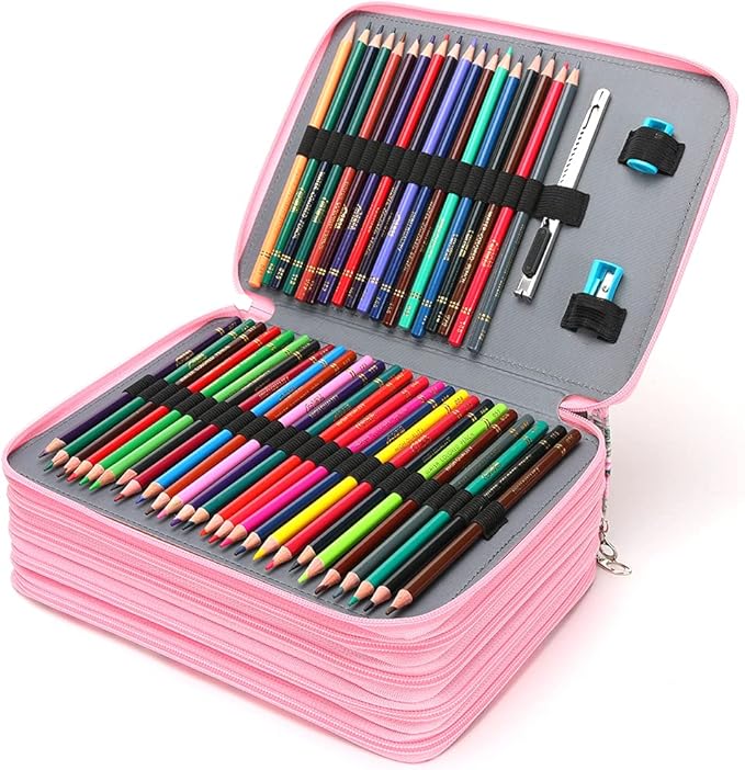 Vomgomfom 252 Slots Pencil Bag, 5-Layer Zipper Art Supply Organizer, PU Leather Portable Colored Pencil Case with Handle for 252 Watercolor Pens, Gel Pens (Pink Rose)