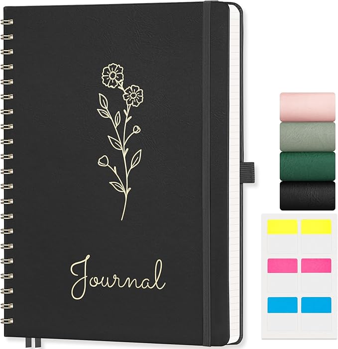 EMSHOI Spiral Graph Notebook, 110 Pages, A4 Large 8.27"x11.2", 100 GSM Thick Paper, PU Leather Hardcover Journal, 5mm Grid Notebook for Work School Math Engineering Writing Graphing, Black