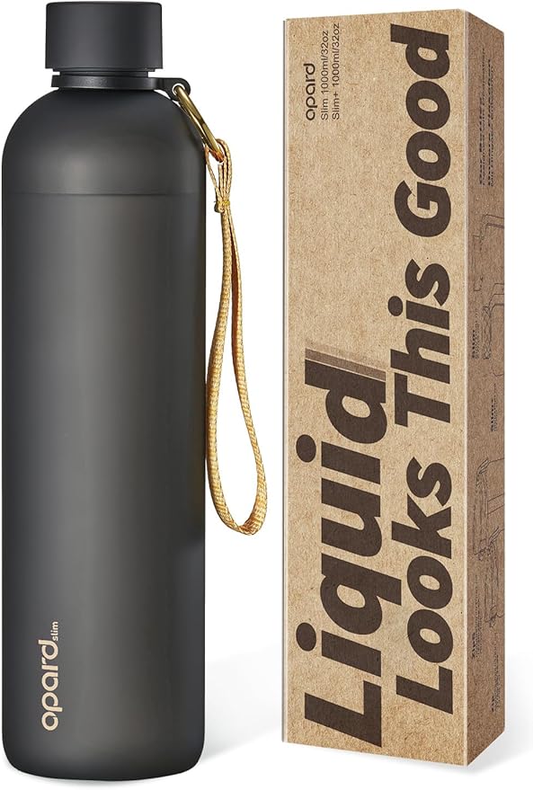 Opard Slim Water Bottle 32oz, Dishwasher Safe Plastic Water Bottle BPA-Free, Leakproof Screw Top, Charcoal Black, Reusable for Travel School Sport Gym Hiking