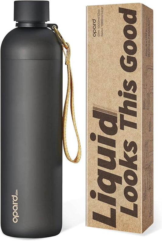 Opard Slim Water Bottle 32oz, Dishwasher Safe Plastic Water Bottle BPA-Free, Leakproof Screw Top, Charcoal Black, Reusable for Travel School Sport Gym Hiking