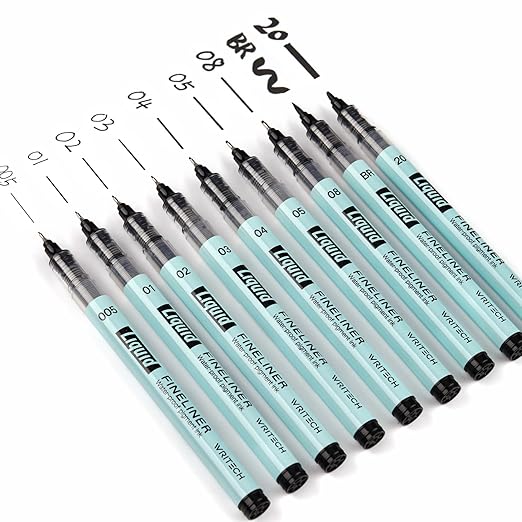 WRITECH Liquid Fineliner Pens Black Precision Multiliner Micro Pen 9 Pack, Quick Dry Waterproof Pigment Ink Drawing Pen for Journaling Planning Hand Lettering Illustration Sketching Calligraphy