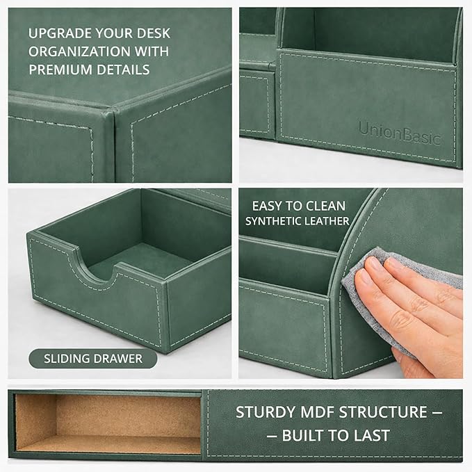 UnionBasic Desk Organizer - Multifunctional Leather Desktop Pen Holder Storage Box - Business Card/Pen/Pencil/Mobile Phone/Stationery Holder, Malachite Green