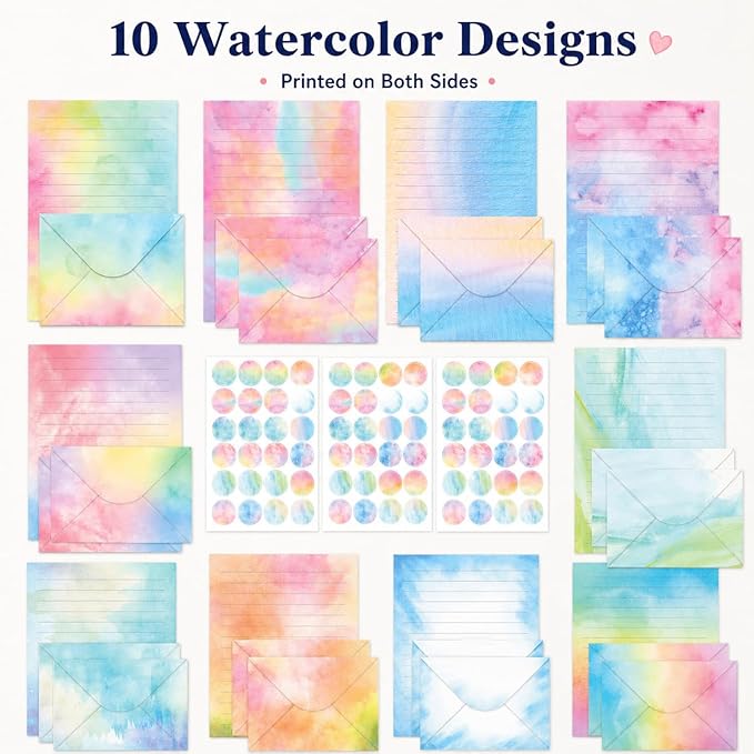 160 Pcs Stationery Writing Paper with Envelopes, 50 Double Sided Stationery Papers with 50 Matching Envelopes and 60 Round Dot Sticker, 10 Unique Designs
