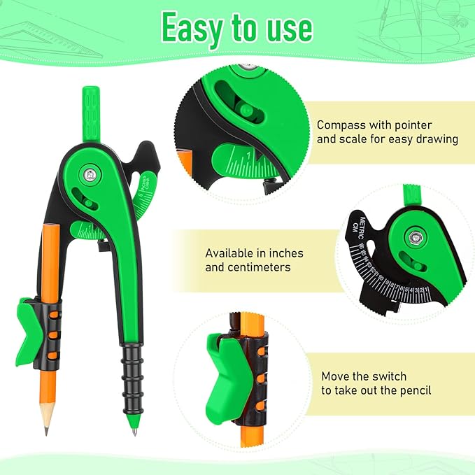Zonon 2 Pcs Student Protractor and Compass, Student Geometry Math Set Drawing Compass and 180 Degree 6 Inch Protractor with Swing Arm for Drawing Measuring School Office (Green)