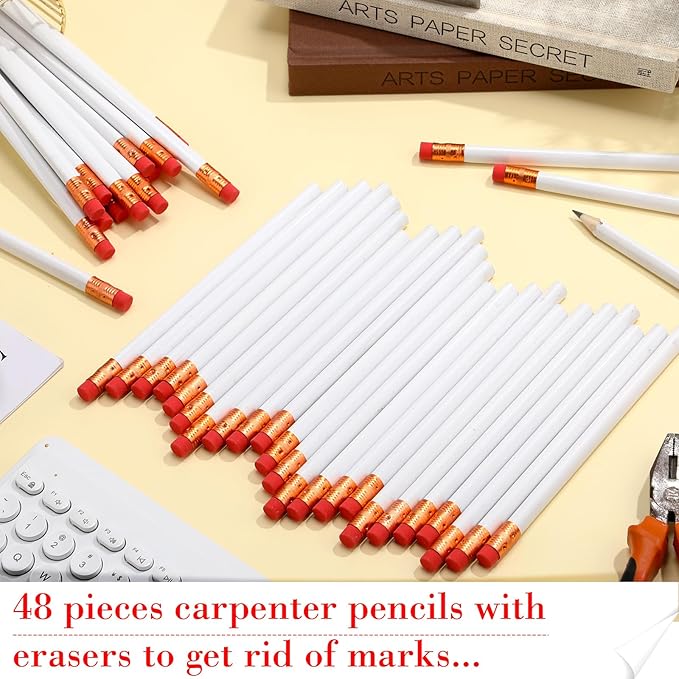 Fainne 48 Pack Jumbo Round Pencils, Wooden Fat Pencil with Black Core Bulk for Carpenters Workers Woodworkers Framers Beginners Students Teachers DIY Project(White)