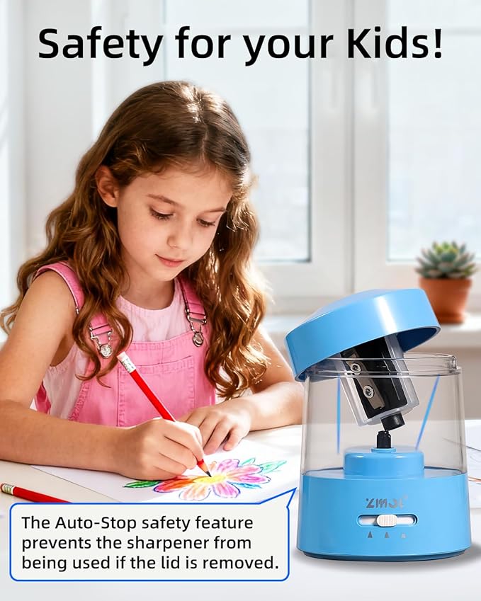 ZMOL Electric Pencil Sharpener Battery Operated Power Kids for Colored & Jumbo Pencils No.2/(6-12mm) - Safe & Easy Use Plug in Portable with (AC Adapter,USB, Battery) for Classroom/Office/Home Blue