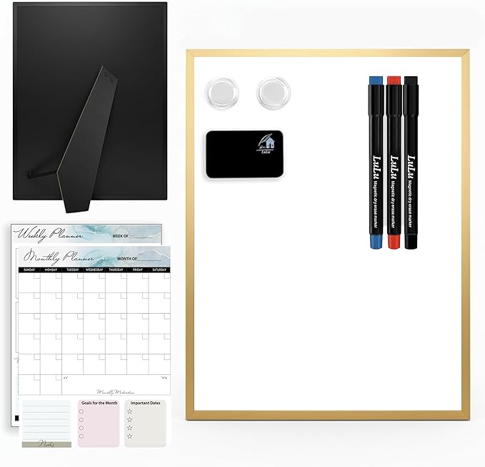 Magnetic Dry Erase Board 12x16 with Foldable Stand, Portable Gold Desktop Whiteboard for Home, Office, School & Kitchen, Includes Weekly & Monthly Magnetic Planner Sheets