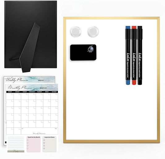 Magnetic Dry Erase Board 12x16 with Foldable Stand, Portable Gold Desktop Whiteboard for Home, Office, School & Kitchen, Includes Weekly & Monthly Magnetic Planner Sheets