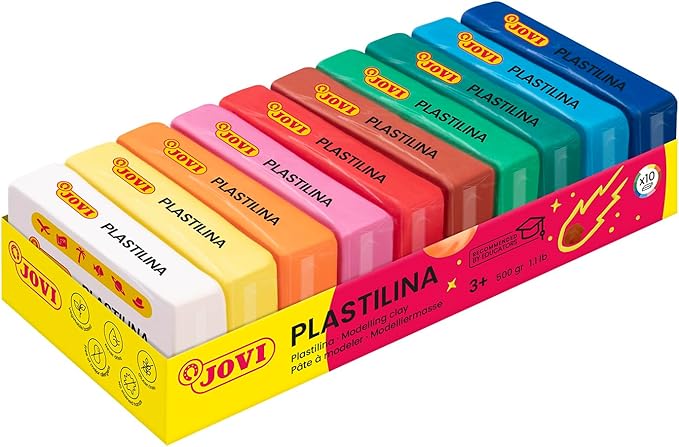 Jovi - Non Drying Modeling Clay, 1.1 lb of Endlessly Reusable Plasticine, Set of 10 Bars, Each 1.75oz, Non-Toxic and Gluten-Free, for Arts and Crafts Projects