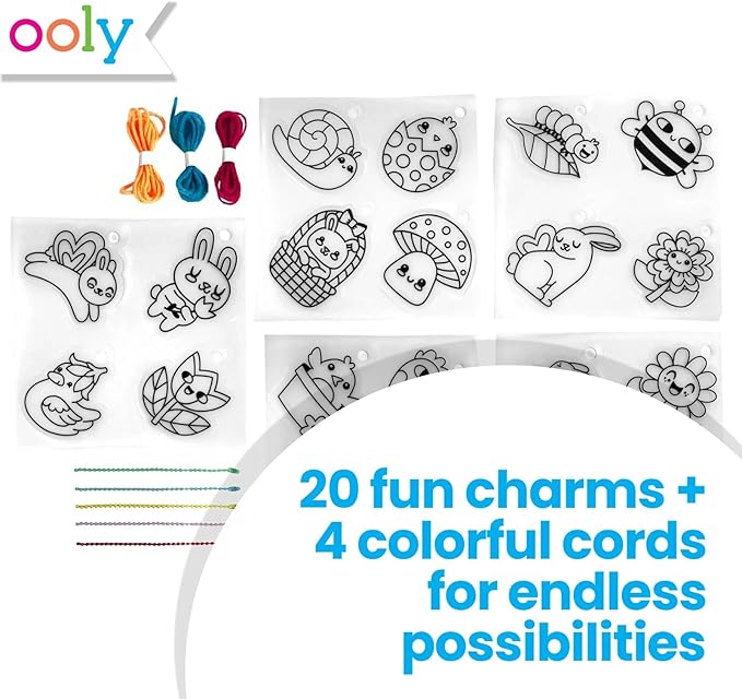 Ooly 28 PC DIY Shrinking Art Kit for Kids, 20 Plastic Pre Cut Charms and More, No Mess Creative Activity Jewelry Making Kit - Garden PALS
