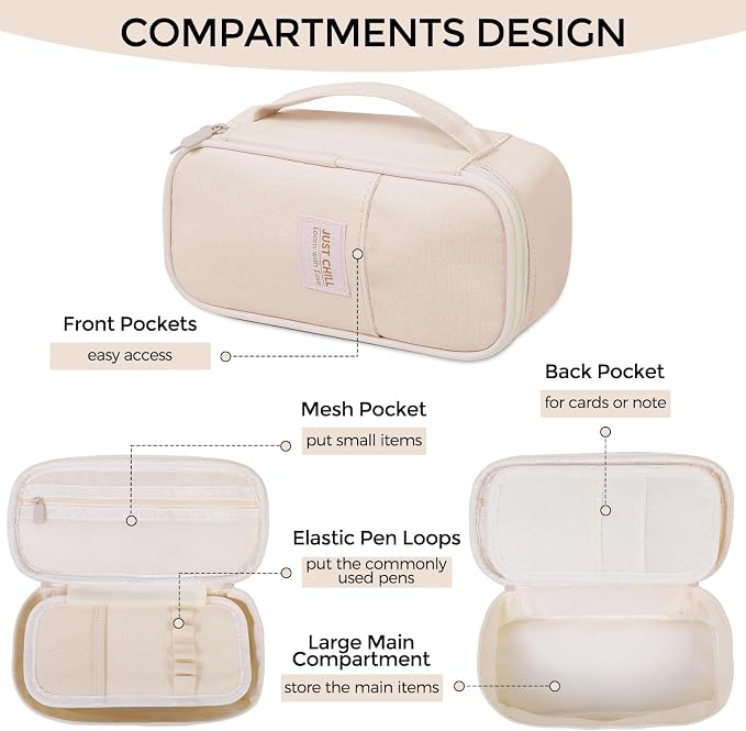 SKYDUE Beige Pencil Case for Girls & Boys – Large Capacity Zippered Pencil Pouch with Multi-Compartment, Aesthetic Pencil Bag for School & Office Supplies