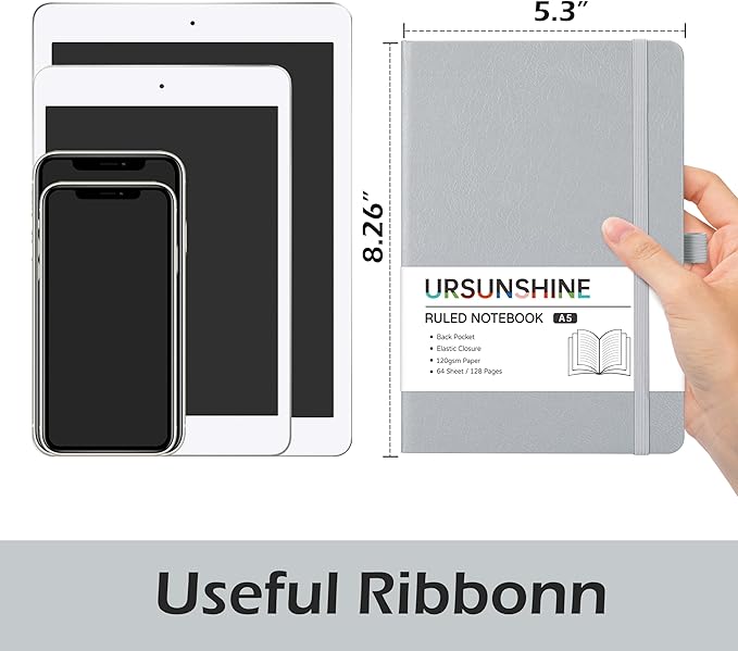 Ruled Notebook/Journal - Classic Lined Journal/Notebook, 5.3'' x 8.26'', Hardcover with Thick Paper, Banded + Pen Holder +Inner Pocket - Light Gray