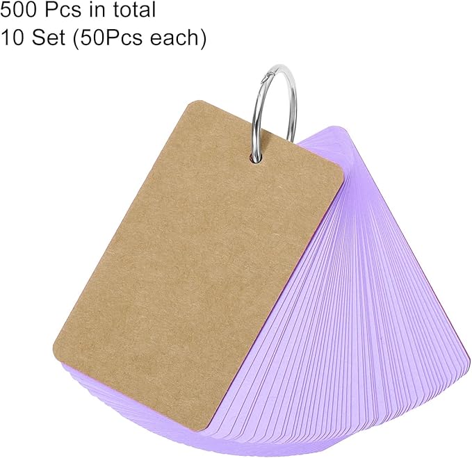 PATIKIL Blank Index Cards with Ring, 500Pcs Colored Blank Flash Card 3.5" x 2" Note Card Study Card for Memory Learning Studying Office Supplies, Purple